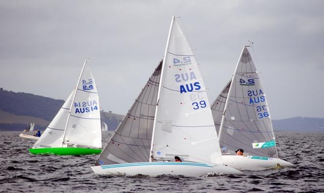 International 2.4mR yachts racing - Richard Fisher in Happy Days (sail #14), Lisa Blackwood in Smilie Face (sail # 39) and Matt Bugg sailing Moshi (sail # 36) - 2015 Crown Series Bellerive Regatta © Peter Campbell