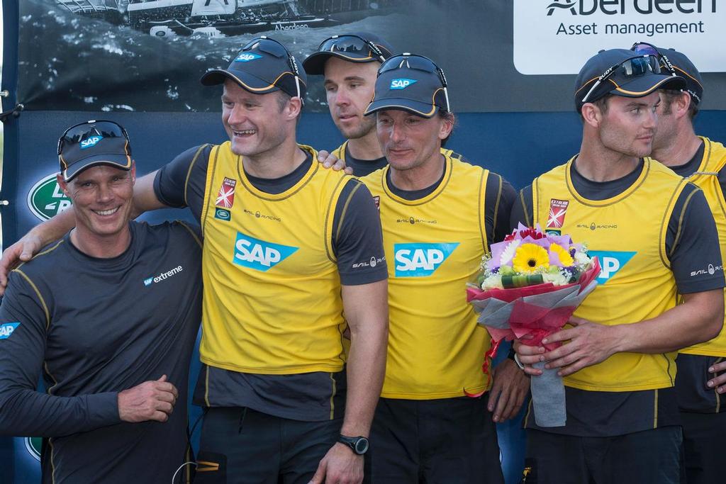 The Extreme Sailing Series 2015, Act 1, Singapore. Prize Ceremony - SAP Extreme Sailing Team celebrate their second place in the Singapore Regatta in the Extreme Sailing Series<br />
 © Lloyd Images/Extreme Sailing Series