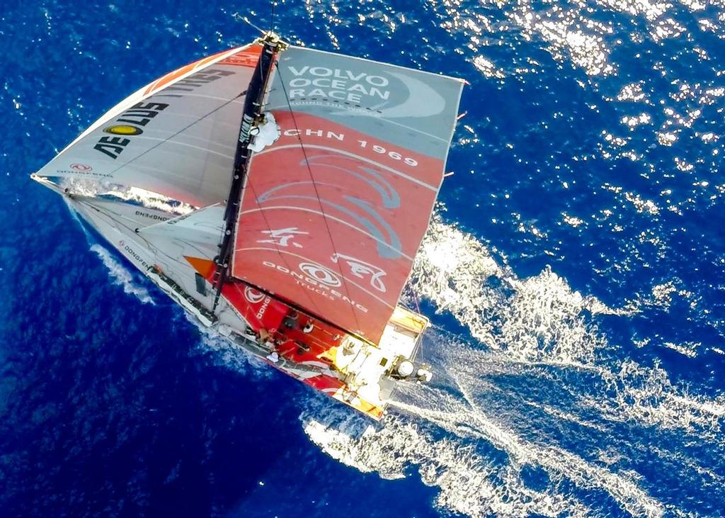 February 20, 2015. Leg 4 to Auckland onboard Dongfeng Race Team. Kevin Escoffer at the top of the rig. The little drone almost couldn't keep up. &copy;  Sam Greenfield / Volvo Ocean Race