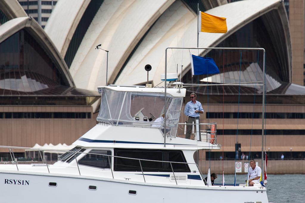 PRO, Rob Ridley, on the flying bridge of the Committee Boat. - 2015 Etchells NSW State Championship © Kylie Wilson Positive Image - copyright http://www.positiveimage.com.au/etchells