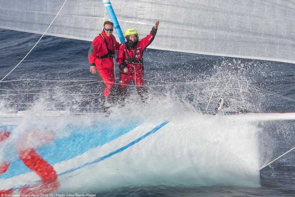 23/12/2014, Barcelona (ESP), Barcelona World Race 2014-15, Barcelona Trainings, GAES Centros Auditivos, Gerard Marin, Anna Corbella photo copyright Gilles Martin-Raget / Barcelona World Race taken at  and featuring the  class