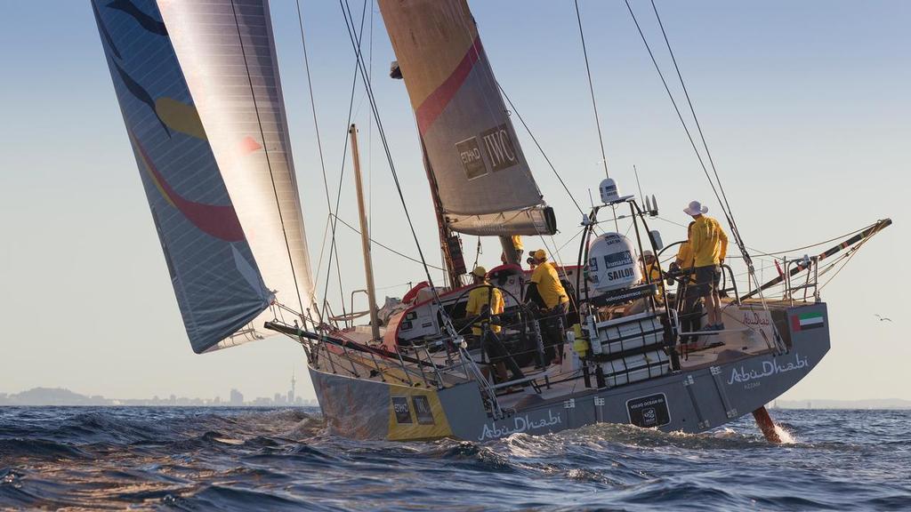 28th February 2015. New Zealand, Auckland, Volvo Ocean Race. Abu Dhabi Ocean Racing arrives into Auckland second on Leg 5. ©  Ian Roman / Abu Dhabi Ocean Racing