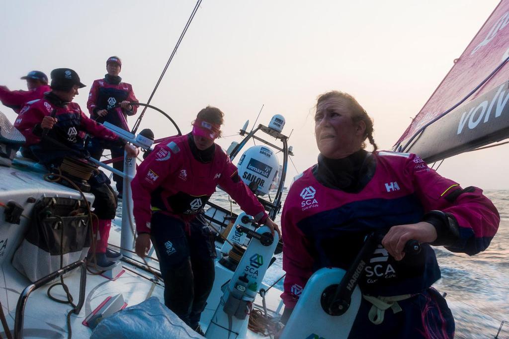 February 8, 2015. Leg 4 to Auckland onboard Team SCA. Day 0. 30 degrees heel upwind and bad sea state creates an uncomfortable life onboard.  © Anna-Lena Elled/Team SCA