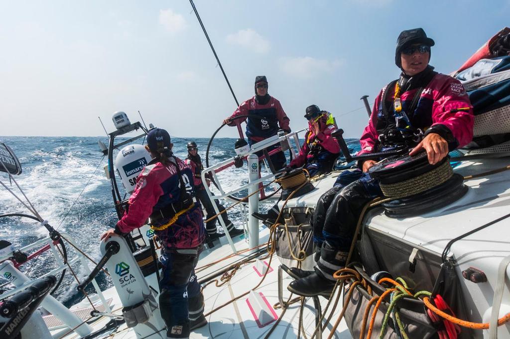 February 9, 2015. Leg 4 to Auckland onboard Team SCA. Day 1. 30 degrees heel upwind and bad sea state creates an uncomfortable life onboard.  © Anna-Lena Elled/Team SCA