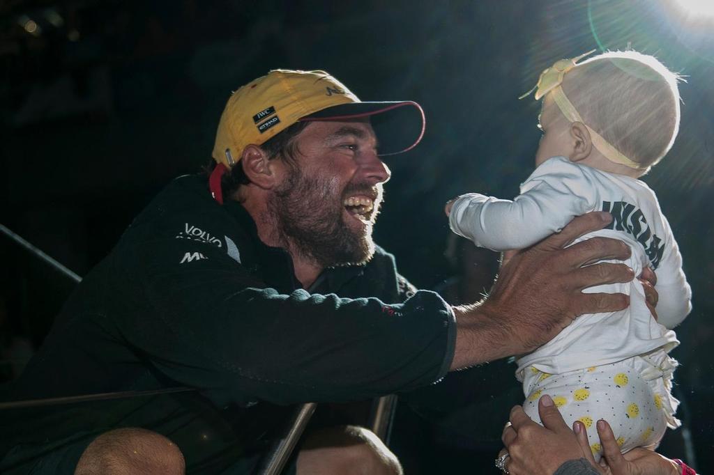 28 February, 2015. Daryl Wislang, sailor of Abu Dhabi Ocean Racing meet his family after finishing second of Leg 4 from Sanya to Auckland, New Zealand. photo copyright Xaume Olleros/Volvo Ocean Race http://www.volcooceanrace.com taken at  and featuring the  class