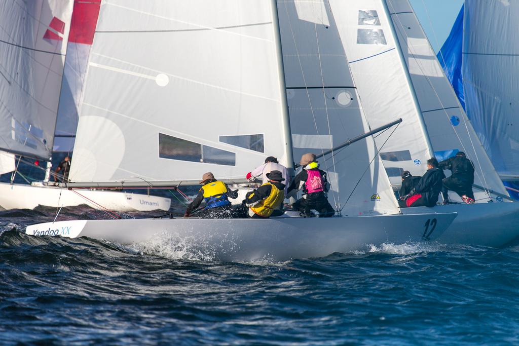 Busy times at the hitch mark with Yandoo XX in the foreground. - 2015 Etchells NSW State Championship © Kylie Wilson Positive Image - copyright http://www.positiveimage.com.au/etchells