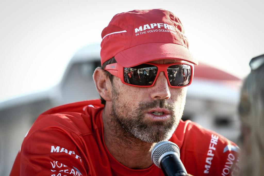 December 14, 2014. Skipper Iker Martinez during an interview. MAPFRE, fourth team to arrive to Abu Dhabi after Leg 2 from Cape Town. photo copyright Francoise Nel/ Volvo Ocean Race taken at  and featuring the  class
