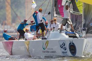 Taylor Canfield of US One going against Eric Monnin during Qualifying Session 2 - Monsoon Cup Malaysia © Robert Hajduk / AWMRT - 2015 World Match Racing - Monsoon Cup Malaysia photo copyright Alpari World Match Racing Tour taken at  and featuring the  class