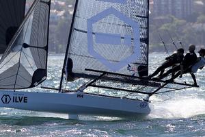 ILVE crew drive their skiff hard down the middle spinnaker run - 2015 JJ Giltinan 18ft Skiff Championship photo copyright Frank Quealey /Australian 18 Footers League http://www.18footers.com.au taken at  and featuring the  class