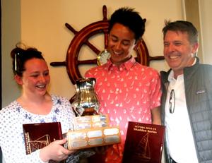 Joseph Hou (c.) and crew Skylar Jacobsen admire their Shadden Series trophy with namesake John Shadden - SCYA's E.E. Manning Regatta – Shadden Series photo copyright Rich Roberts http://www.UnderTheSunPhotos.com taken at  and featuring the  class