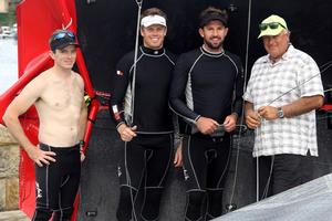 Team Manager Iain Murray with the winning Gotta Love It 7 crew of Seve Jarvin, Sam Newton and Scott Babbage 1 - 2015 JJ Giltinan 18ft Skiff Championship photo copyright Frank Quealey /Australian 18 Footers League http://www.18footers.com.au taken at  and featuring the  class