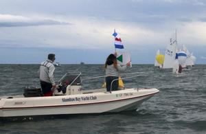 The leeward mark boat signals one of many mark changes - SCYA's E.E. Manning Regatta – Shadden Series photo copyright Rich Roberts http://www.UnderTheSunPhotos.com taken at  and featuring the  class