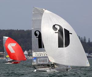 Thurlow Fisher Lawyers leads defending champion Gotta Love It 7 home in Race 5 of the JJ Giltinan Championship - 2015 JJ Giltinan 18ft Skiffs Championship, Race 5 photo copyright Frank Quealey /Australian 18 Footers League http://www.18footers.com.au taken at  and featuring the  class