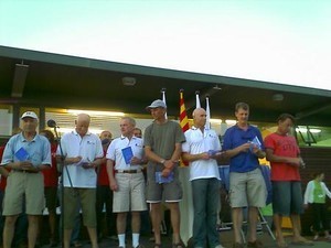 Mark Page with 2007 Laser Master World Champions and Legends of Laser Sailing.  From left Great Grand Master Champion Peter Seidenberg USA, Standard Grand Master Mark Bethwaite AUS, Radial Grand Master Peter Haywood AUS, Standard Master Arnoud Hummel NED, Radial Master Greg Adams AUS, Standard Apprentice Brett Beyer AUS, Radial Apprentice Mark Page NZL   © Event Media