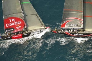 Emirates Team New Zealand NZL92 and Alinghi SUI100 manouver for advantage in the pre start to race 2 of the 32nd America`s Cup. 24/6/2007 photo copyright Emirates Team New Zealand / Photo Chris Cameron ETNZ  taken at  and featuring the  class