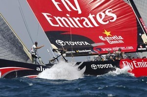 Emirates Team New Zealand NZL92 and Alinghi SUI100 power up for the start of race seven of the 32nd America`s Cup. photo copyright Emirates Team New Zealand / Photo Chris Cameron ETNZ  taken at  and featuring the  class