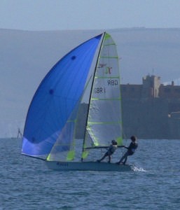 Mat Bancroft helming the 29erXX the rig differences being apparent over the standard 29er (see shots below) photo copyright Ross Whitburn taken at  and featuring the  class
