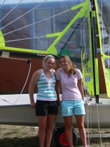 The 29erXX crew, Gabrielle Cross from Christchurch and right Chelsea Whitburn from Dunedin, after sailing at Lake Wanaka photo copyright www.29er.co.nz taken at  and featuring the  class
