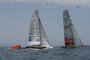 Day 3 BMW Oracle Racing forces Emirates Team NZ to tack back at the windward mark photo copyright BMW Oracle Racing Photo Gilles Martin-Raget http://www.bmworacleracing.com taken at  and featuring the  class