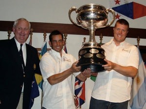 Pepsi (Hamish Pepper) and Tiny (Carl Williams) hold the Star World Championship trophy aloft. They have become a rare double winner of both the Worlds and NA’s in a  single year and the first in their rookie year. photo copyright Chuck Lantz http://www.ChuckLantz.com taken at  and featuring the  class