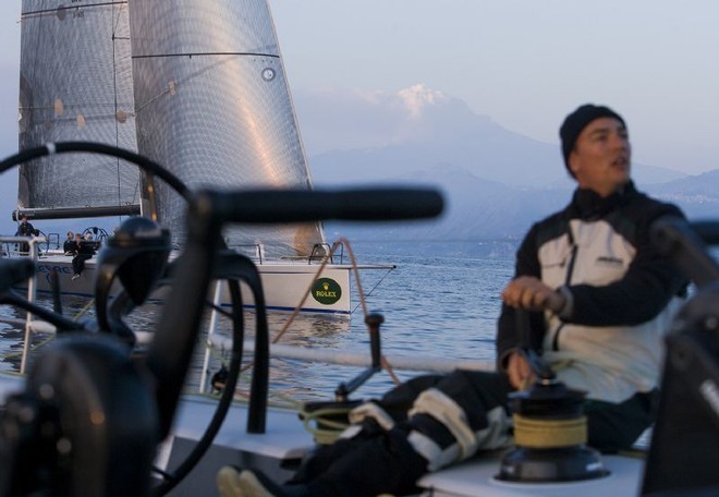 ALEGRE sneaks up on MONEYPENNY with Etna in the background  - Rolex Middle Sea Race 2008 ©  Rolex/Daniel Forster http://www.regattanews.com