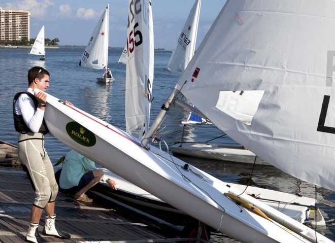 Dockside, Laser Fleet with USA’s Charlie Buckingham preparing for the Rolex Miami OCR ©  Rolex / Dan Nerney