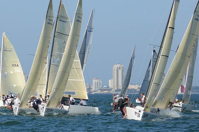 Terry Hutchinson’s Quantum Racing/Rosebud nails the first beat, and lead around the mark by a few boatlengths. Melges 24 Sperry Top-Sider St. Petersburg NOOD Regatta. © Stuart Streuli