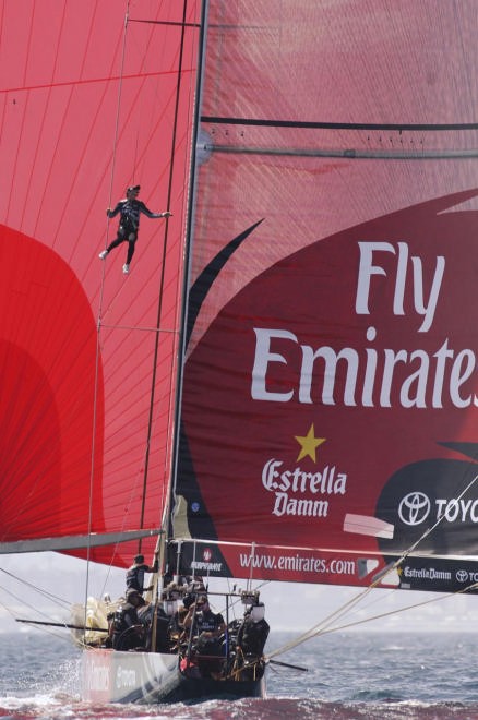 Emirates Team New Zealand spotter Adam Beashel goes aloft on NZL92 during the last leg of their fourth Louis Vuitton Semi final against Desafio Espanol ESP97. 18/5/2007 © Emirates Team New Zealand / Photo Chris Cameron ETNZ 