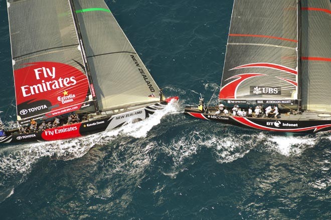 Emirates Team New Zealand NZL92 and Alinghi SUI100 manouver for advantage in the pre start to race 2 of the 32nd America`s Cup. 24/6/2007  © Emirates Team New Zealand / Photo Chris Cameron ETNZ 