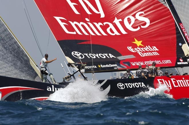 Emirates Team New Zealand NZL92 and Alinghi SUI100 power up for the start of race seven of the 32nd America`s Cup.  © Emirates Team New Zealand / Photo Chris Cameron ETNZ 