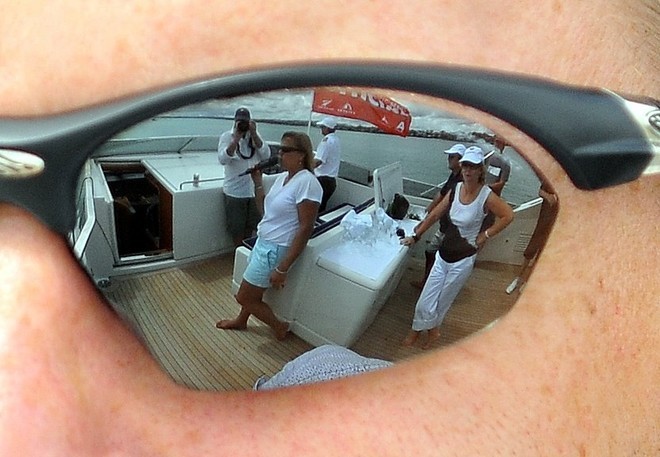 Dawn Riley commentates aboard the BMW Oracle corporate yacht during the Louis Vuitton Pacific Series © George Layton