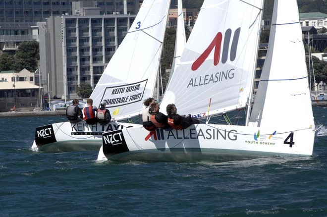 Second place getters Josh Porebski, Matthew Steven and Matthew Clough lead Tim Coltman and crew in match 1 of the finals - CentrePort International Youth Match Racing Championships © Chris Coad Photography http://www.chriscoad.co.nz/