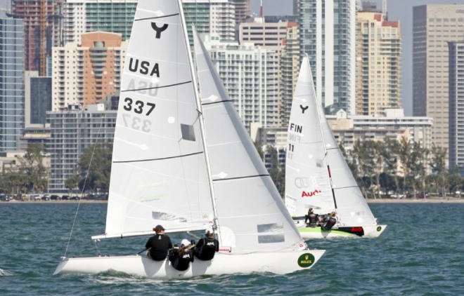 Sally Barkow, Carrie Howe and Debbie Capozzi, USA competing in the Medal race at Rolex Miami OCR ©  Rolex / Dan Nerney
