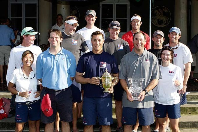 The victorious Team NYYC-1: Front row L-R Monique Roeder, Senet Bischoff, Colin Gordon, Stu Saffer and Martha Carleton. Second row: Ned Jones, Ben Kinney, Joe Aleardi, Brian Fox and Brit Bischoff. Back row: Rob Richards and Clay Bischoff. - New York Yacht Club Morgan Cup Team Race Invitational © Dan Nerney http://www.dannerneyphoto.com