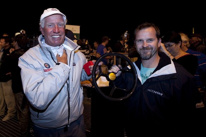 Co-owner of McConaghy, Mark Evans, with Neville Crichton and the prized wheel - Rolex Sydney Hobart © Rolex Sydney Hobart