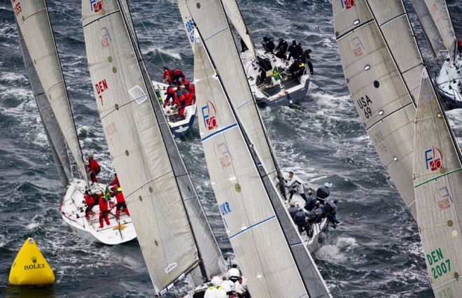 Fleet tightly packed around the windward mark, Race 7  - Rolex Farr 40 Worlds ©  Rolex / Carlo Borlenghi http://www.carloborlenghi.net