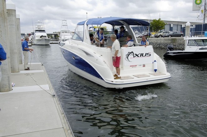 Bob Wonders in red shorts at the Axuis fitted Bayliner berths.  © Bob Wonders