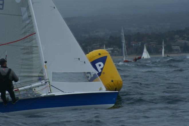 Bill Cuneo and John Warlow round the windward mark in Race 3 of the 2007 SAP World 505 Championships © Sail-World.com /AUS http://www.sail-world.com