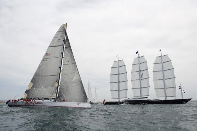 Super Yacht Cup 2007, Palma (Spain). (left) WILD OATS XI (Australia) winner of the first race during the Super Yacht Cup 2007, owned by Bob Oatley 30 meters (98ft) is the smallest and fasted boat in the fleet, (right) MALTESE FALCON (USA) 88 meters (289ft) is the biggest boat in the fleet. ©  Andrea Francolini Photography http://www.afrancolini.com/