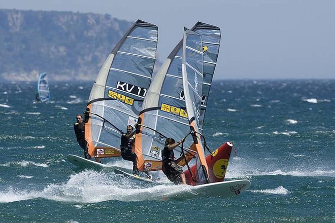 Albeau, Maynard and Buzianis - PWA Slalom World Cup - Costa Brava ©  John Carter / PWA http://www.pwaworldtour.com