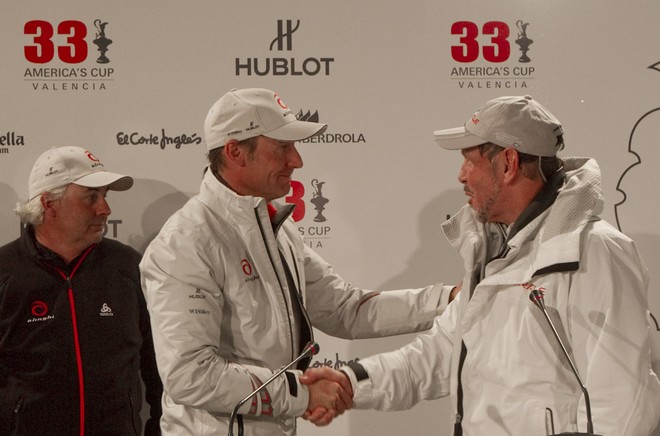 Valencia, 2/14/10<br />
Alinghi5 33rd America’s Cup<br />
Day 7 - Race 2<br />
GGYC wins the 33rd America’s Cup Match<br />
Brad Butterworth, Larry Ellison, Ernesto Bertarelli<br />
 © Carlo Borlenghi/ Alinghi http://www.alinghi.com