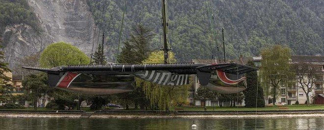 Launch of the Alinghi D35, by helicopter, in Villeneuve in preparation for Challenge Julius Baer which starts on May 8th on Lake Geneva  © Carlo Borlenghi/ Alinghi http://www.alinghi.com