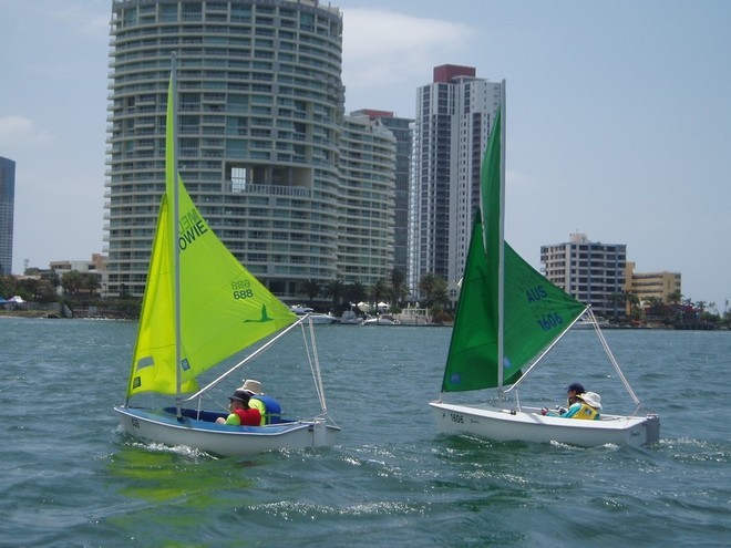 Bradley and Colin Alderton leading alyse Saxby and Allan Jones in the Access303 Unified Level One competition - 2008 Special Olympics Queensland Sailing Regatta © Drew Hulton-Smith