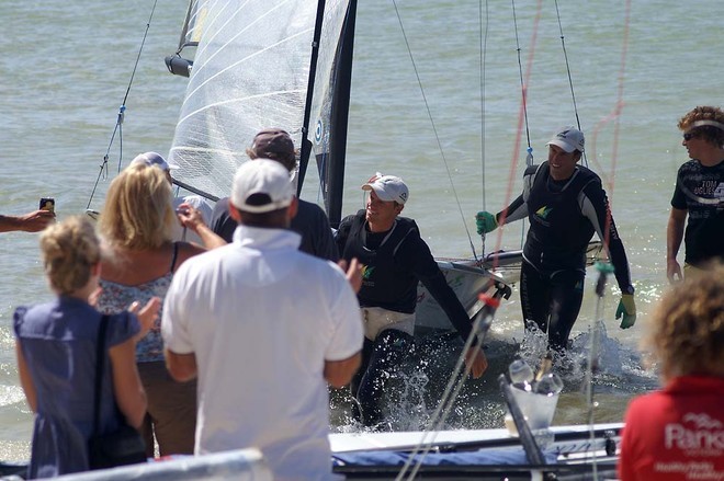 Supporters cheer the gold medalists Outteridge / Austin - 49er World Championships - Sorrento Sailing Couta Boat Club, Australia © Teri Dodds http://www.teridodds.com