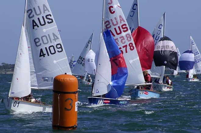 International Cadet Australian Championships - Snakebite, skippered by Ian Lee with crew Darcy Baranowski approaches the bottom mark in Race 2 - International Cadet Australian Championships, Royal Geelong Yacht Club,Victoria © Teri Dodds http://www.teridodds.com