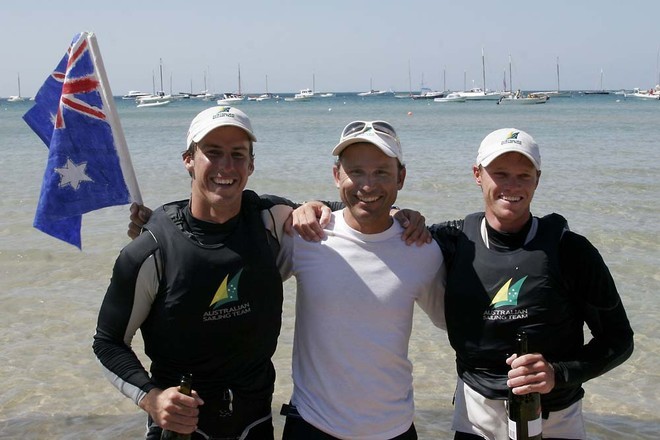 GOLD MEDALLISTS - AUS3 Ben Austin(left), Emmett Lazich (coach) and Nathan Outteridge - 49er World Championships - Sorrento Sailing Couta Boat Club, Australia © Teri Dodds http://www.teridodds.com