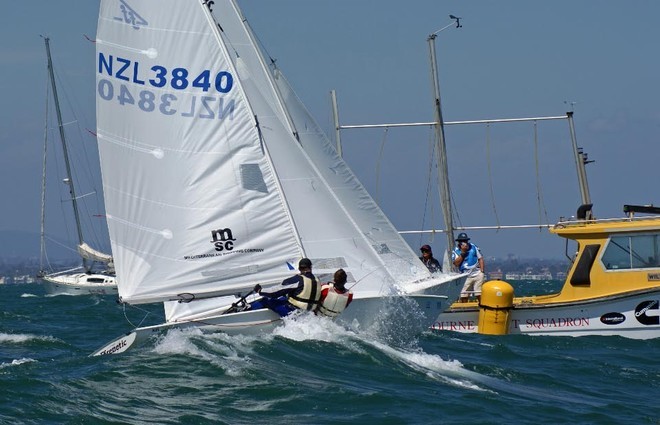 Two kiwi crews go bow to bow on the finish line of Day 1, 2009 Audi Flying Fifteen World Championships, Melbourne, Australia © Richard Gladwell www.photosport.co.nz