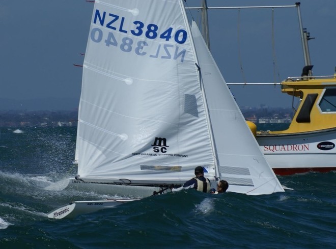 Murray Gilbert and Jonathan Burgen (NZL) cross the finish line on Day 1, 2009 Audi Flying Fifteen World Championships, Melbourne, Australia © Richard Gladwell www.photosport.co.nz
