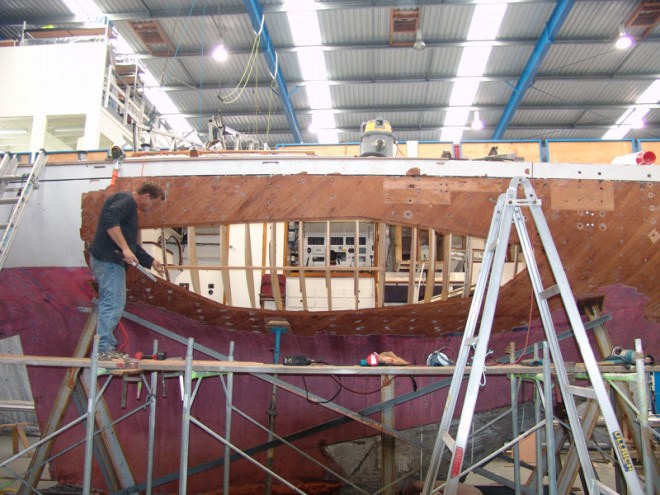 Shot from amidships on the starboard side showing the full extent of the hull cutaway, and part of the diagonal skin which has been stripped. © Richard Gladwell www.photosport.co.nz