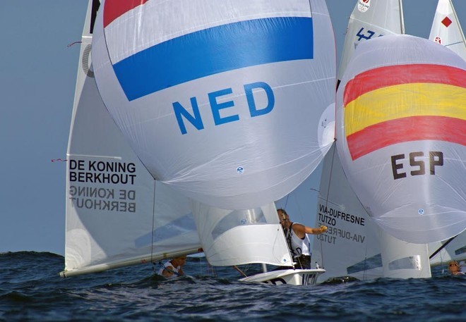 Overall leader in the Womens 470 class, Marcelien de Koning and Lobke Berkhout (NED) in the the big swells that prevailed on the outer course today. © Richard Gladwell www.photosport.co.nz